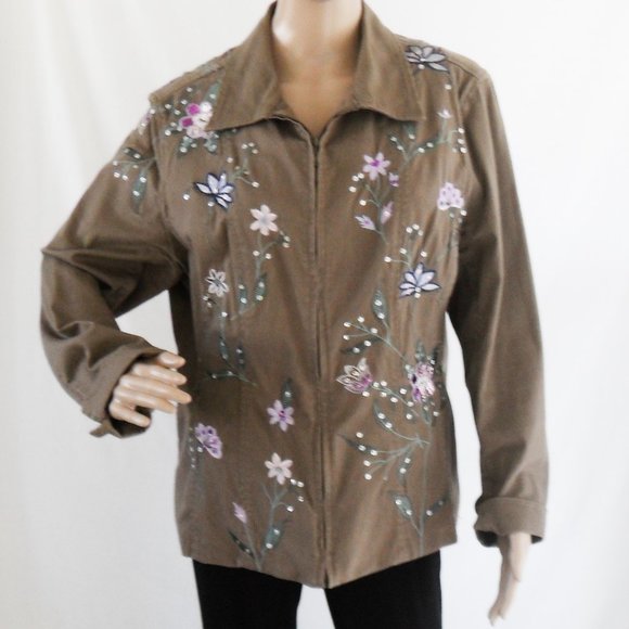Tabi Size LG Flowers & Sequins Tan Zip Up Jacket - Picture 4 of 6